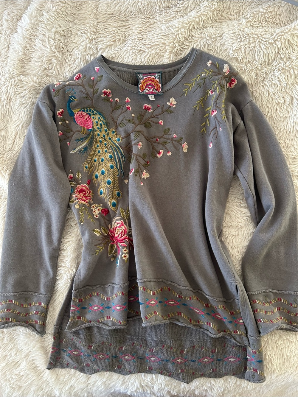 Johnny Was Grey Embroidered Peacock Sweatshirt with Floral Accents